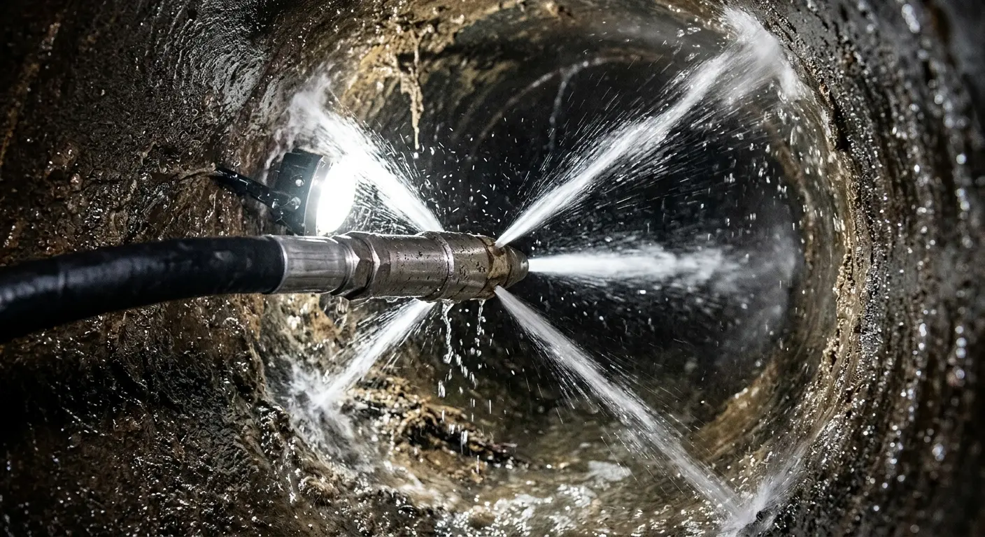 High-pressure hydro jetting nozzle cleaning sewer pipe for Emergency Drain Service in Stroud
