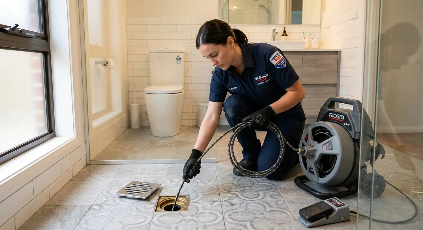 Technician clearing a bathroom floor drain for Sewer Line Replacement in Stroud